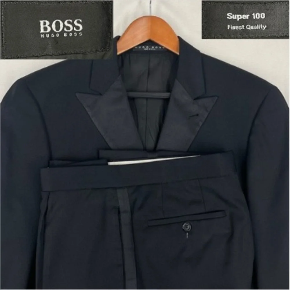 Hugo Boss Mens Black Super 100 Virgin Wool 3 Button Tuxedo Suit 40R 32x32